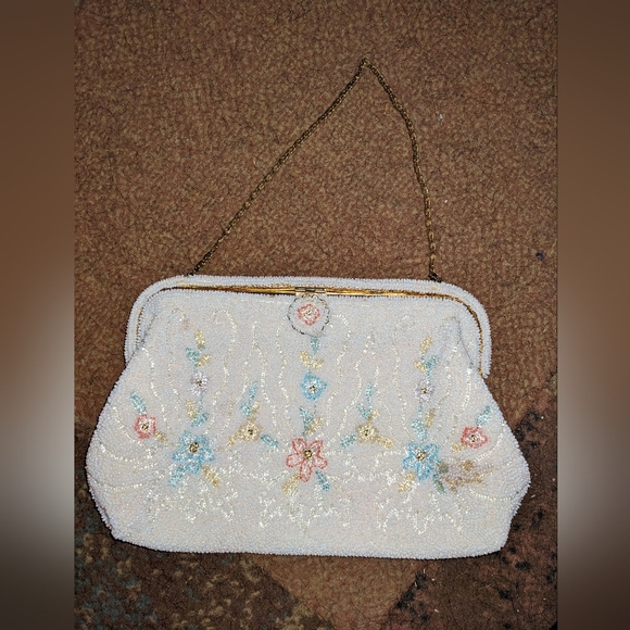 Antique Vintage Handmade Beaded Purse with Flowers made in France